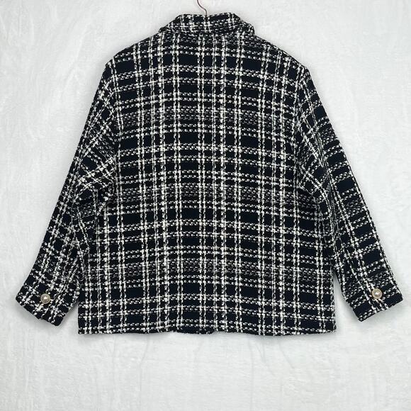 Zara Women’s Blazer‎ Jacket M Tweed Textured Plaid Black White Oversized Shacket - Picture 4 of 16